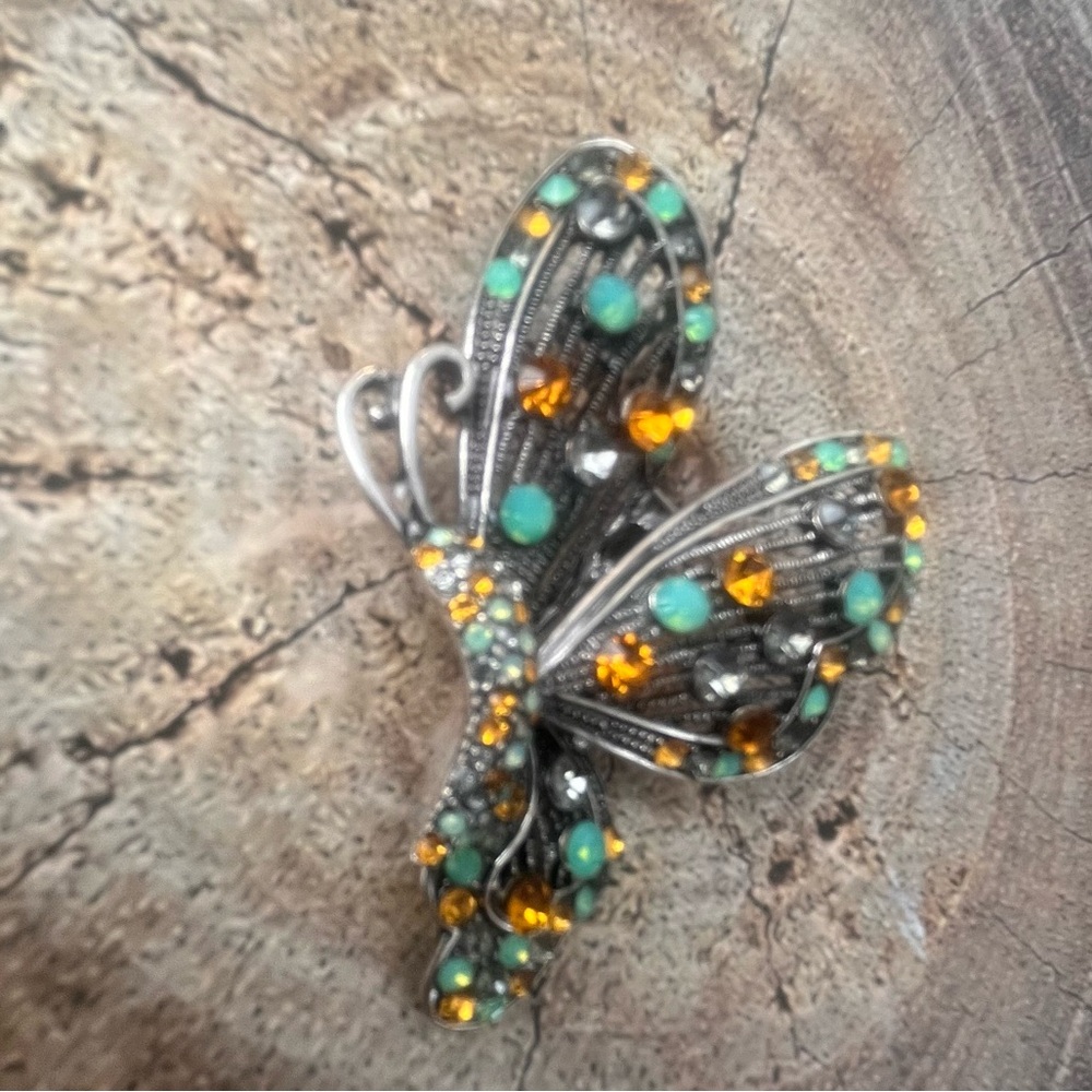 Butterfly Brooch with TURQOUISE Green and Orange Accents